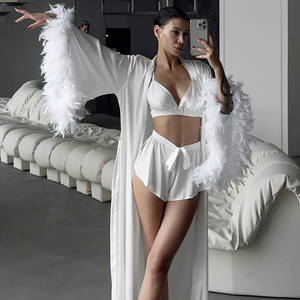 <span class=keywords><strong>Pigiama</strong></span> di Lusso in Raso 2026, Sexy Cardigan con Polsini in Piume, Vestaglia Lunga con Coulisse, Abbigliamento Domestico di Lusso Leggero per Spose - Product Image 3