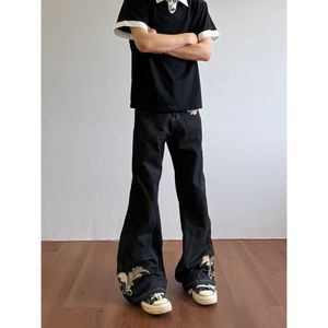 Jeans <span class=keywords><strong>Bootcut</strong></span> pour <span class=keywords><strong>Homme</strong></span> avec Broderie Dorée, Streetwear Hip Hop, Pantalon en Denim Noir Évasé - Product Image 4