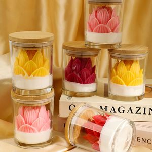 Lotus Flower Shaped Scented Candle In Glass Jar Bamboo Lid Home Atmosphere Decor Ornament Festival Souvenir Gift - Product Image 2