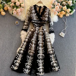 Wholesale long sleeve mesh for women-Black Party Dress 2021 Spring Autumn New Ladies Exquisite Embroidered Flowers Half Sleeve V-neck Mesh Long Dress for Women