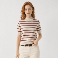 Suéter de punto a rayas para mujer, diseño personalizado ODM OEM, color crema y burdeos, cuello corto, tejido acanalado, venta al por mayor de fábrica.