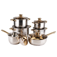 Ensemble de 12 casseroles et poêles en acier inoxydable avec couvercles en verre trempé, poignées dorées, design moderne, plusieurs tailles, base à induction