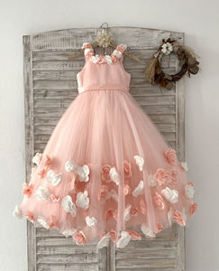 Robe de demoiselle d'honneur en tulle rose blush avec fleurs 3D, robe de fête pour enfants, robe de princesse - Product Image 2
