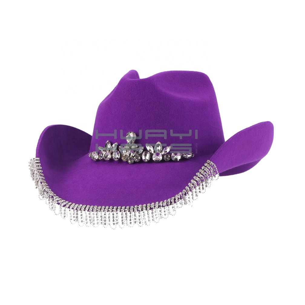 Sombrero Vaquero De Lentejuelas Con Plumas Para Mujer Y Niña – Ala Ancha, Disfraz De Halloween Y Carnaval, Color Morado, Talla única
