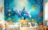 Papier peint 3D dessin animé dauphin sous-marin, autocollant amovible, motif corail et poissons océaniques, pour chambre d'enfant et décoration murale de crèche
