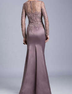 S117n حورية البحر الساتان الناعم الجديد مطرزة بالخرز أكمام طويلة رقبة قارب دانتيل طويل فستان أم العروس الهندي - Product Image 2