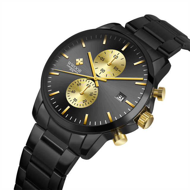 WWOOR Brand Luxury Quartz Watch for Men Stainless Steel Waterproof Calendar Watch Men Chronograph Wristwatches Relogio Masculino