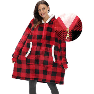 Felpa con Cappuccio Personalizzabile Taglie Forti, in Pile Caldo e Pesante, a Quadri, con Maniche Utilizzabili come Coperta TV - Product Image 5
