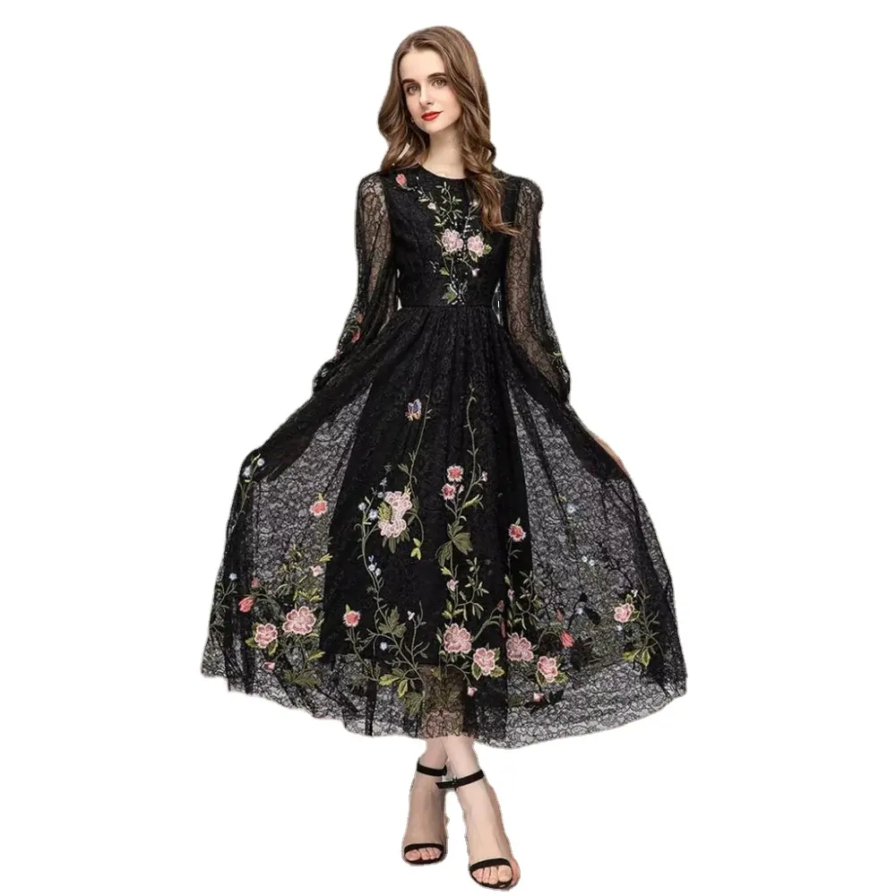 Fleur personnalisée dentelle broderie oversize jupe longue automne robe à manches longues été robe de fête d'anniversaire filles