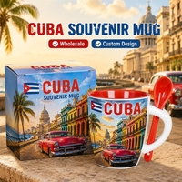 Mug à café en céramique souvenir des Caraïbes Cuba, avec motifs voitures, bâtiments, drapeaux, pour les vacances, en grès, avec cuillère, OEM ODM personnalisé
