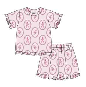 GSSO3363 CUSTOM Ensemble de vêtements pour petite fille active, imprimé rayures fleurs roses, vente en gros, ensemble à manches courtes pour enfant - Product Image 3