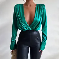 Streetwear 2022 אופנה ירוק טלאים V צוואר חולצות נשים אלגנטיות ארוך שרוול Bodysuits לנשים