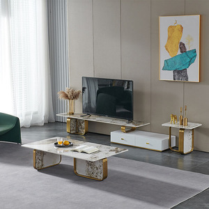 Mesa de Centro Rectangular Gruesa de Madera Contrachapada Curvada Hecha a Mano con Vidrio y Mármol, Patas de Acero Inoxidable con Acabado Dorado Cepillado - Product Image 4