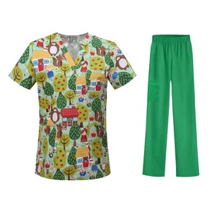 Cartoon Print Nurse Uniform V-Neck Short Sleeve Top Cotton Unisex Hospital Scrubs Work <b>Clothes</b> Gray Patterned Design - Product Image 3