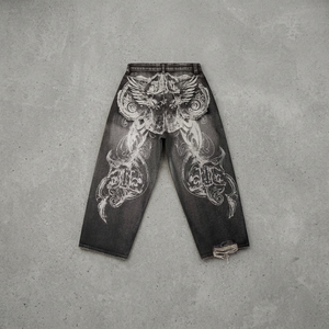Jean droit déchiré pour homme, taille mi-haute, imprimé, en denim épais, coupe ample, bords bruts, style streetwear hip-hop, décontracté - Product Image 2