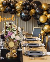 350 pièces de vaisselle en plastique noir pour 50 invités, 150 couverts dorés et argentés, 50 gobelets et serviettes, design moderne, sans BPA, pour la rentrée scolaire