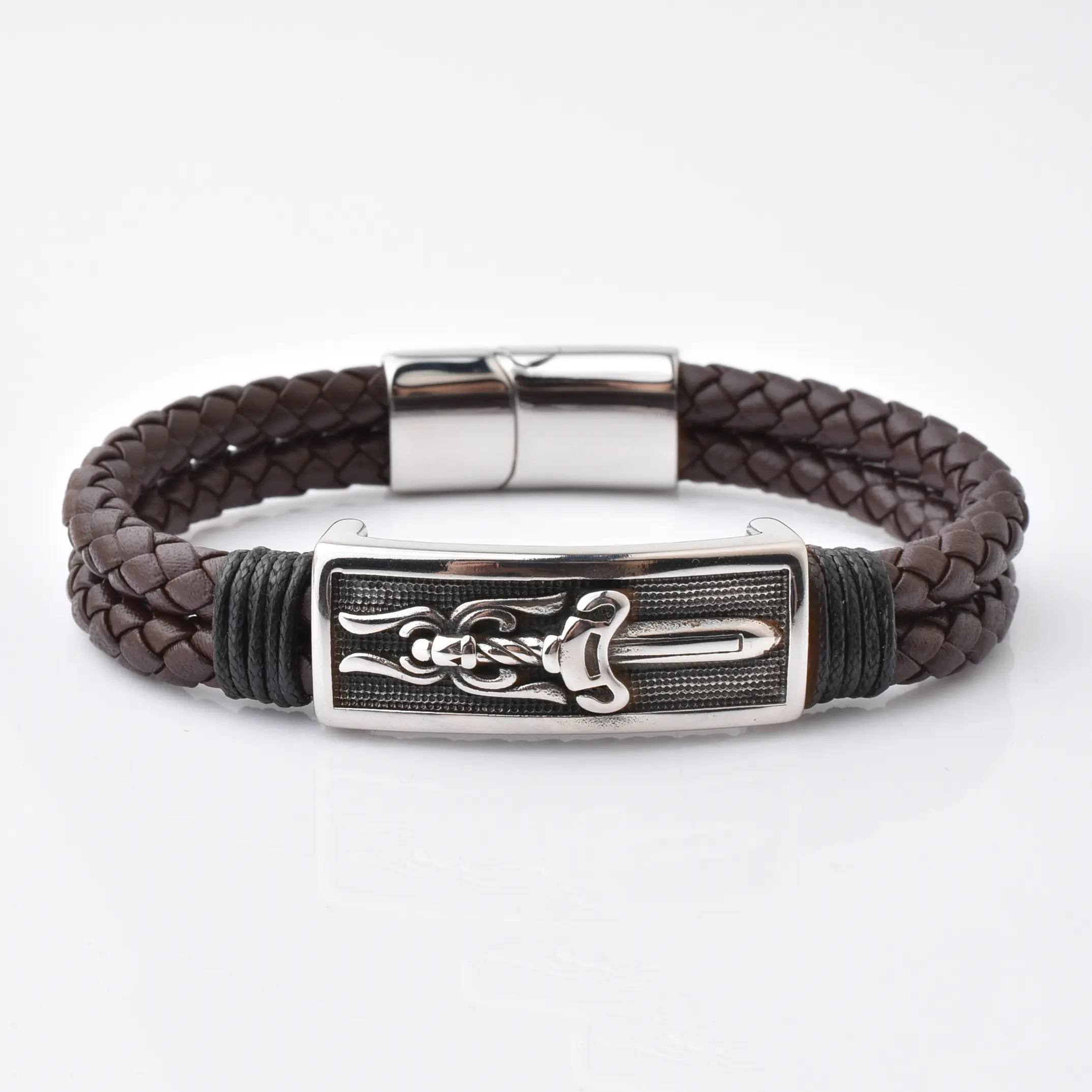 New Design Fashion Mens Brown Leather Jewellery Magnetic Clasp Steel Bar Leather Bracelet