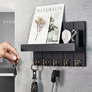 Wooden Wall Mounted Key <b>Hook</b> Shelf Storage Rack With Mail Organizer Multipurpose <b>Black</b> Gray Rectangle 2nd Floor Desktop - Product Image 1
