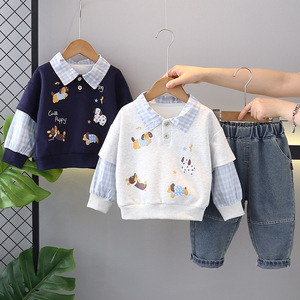 2025 garçons mignon <span class=keywords><strong>double</strong></span> manches chiot <span class=keywords><strong>sweat</strong></span> et vêtements de printemps deux pièces à la mode pour bébés nouvel ensemble décontracté pour les enfants en automne - Product Image 1