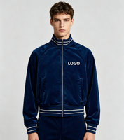 Blouson Bomber Rétro en Velours Personnalisé à Faible MOQ, Col Montant Côtelé Multi-Rayures, Manches Raglan, Fermeture Éclair Intégrale, Logo Personnalisé