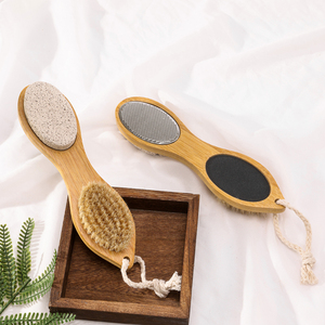 Brosse de bain ovale double face en bambou avec poils naturels pour l'exfoliation corporelle et l'élimination des peaux mortes des pieds, brosse de douche 2-en-1 pour utilisation à sec - Product Image 2