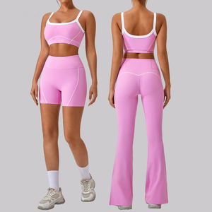 Logo personalizzato nuovo reggiseno sportivo traspirante 2 pezzi Set di pantaloncini bianchi bordo <span class=keywords><strong>palestra</strong></span> <span class=keywords><strong>per</strong></span> donne estate Yoga pantaloni personalizzati Logo vita - Product Image 1