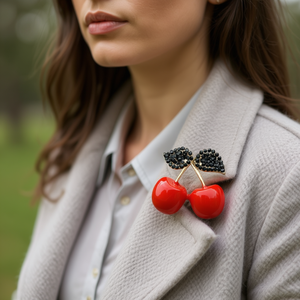 Broche cerise en émail rouge avec feuilles en strass noir, plaqué or, accessoire de mode, bijou pour femme, cadeau - Product Image 4