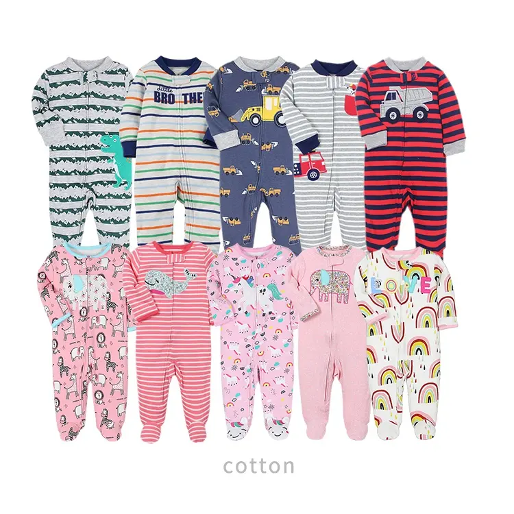 Factory price fall winter toddler jumpsuit cartoon infant boy girl zipper sleepwear bodysuit cotton baby pajamas