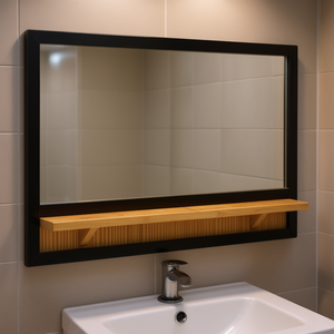 Espejo de Baño de Madera de Mango Sólida con Estante, Montado en la Pared, Diseño Rústico Rectangular, de Una Sola Capa, Color Marrón - Product Image 2