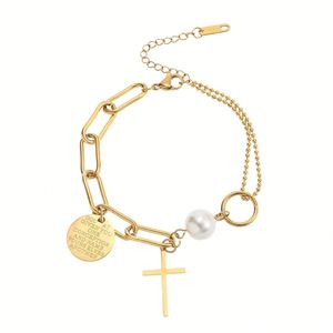 Collar con Colgante de Cruz de Acero Inoxidable con Perla Dorada, Brazalete de 3 Capas, Religioso Cristiano Católico, Jesús para Mí - Product Image 1