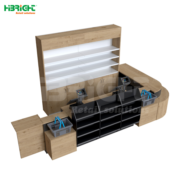 Wooden Modern Design Supermarket Bill Counter Durable Checkout Counter with Display