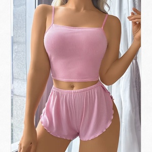 Ensemble de pyjama en coton côtelé pour femmes, sexy, avec fente latérale, <span class=keywords><strong>lingerie</strong></span> douce, ensemble de pyjama 2 pièces - Product Image 5