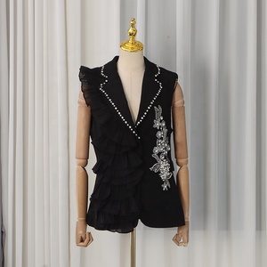 AIMEISI En stock – Ensemble tailleur 2 pièces tendance avec <span class=keywords><strong>veste</strong></span> <span class=keywords><strong>sans</strong></span> manches à volants et strass et pantalon droit – Costumes et blazers pour femmes - Product Image 6