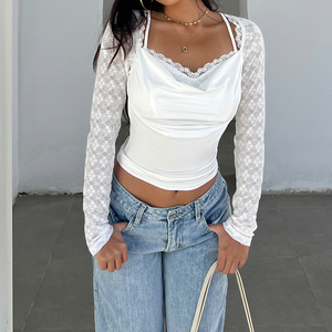 Top court à manches longues blanc pour femmes, col carré, buste plissé, coupe ajustée, sexy, en dentelle florale transparente, pour les soirées et les clubs, vente en gros - Product Image 2