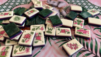 Expédition immédiate, prix de gros : Ensemble de Mahjong américain sur le thème de la forêt tropicale, avec sac en velours, cartes de jeu, manuel et supports pour tuiles