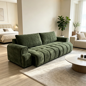 Sofá Cama Cuadrado Moderno de Terciopelo Chenille Verde con Diseño Acolchado y Brazos Enrollados para Sala de Estar - Product Image 3