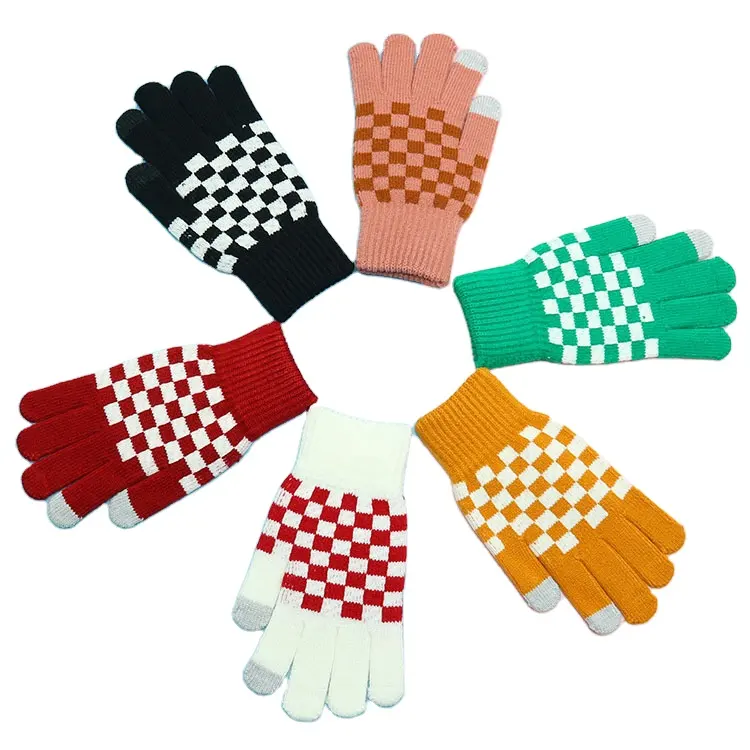 Yeni moda tasarım dama tahtası eldiven dokunmatik ekran kış için özel örme eldiven