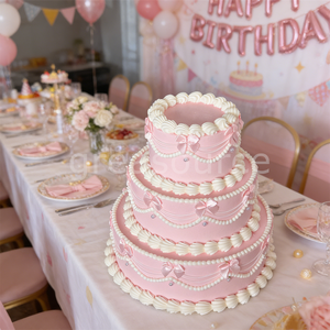 Modèle de gâteau d'anniversaire réaliste à 3 étages, fait main, en plastique écologique, avec décorations religieuses d'anges roses et nœuds en glaçage au beurre - Product Image 5