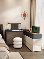 Commode de luxe moderne en noyer à 6 tiroirs, coiffeuse avec plateau rabattable et éclairage LED, meuble de rangement pour bijoux en verre, meuble de chambre à coucher