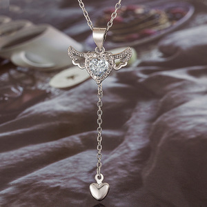 Hainon 925 Sterling Silver Cupid's Heart Zircon Kalung dan romantis sayap malaikat kalung - Product Image 3