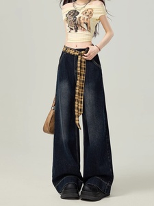 American Vintage Solid Denim Casual Strap Jeans Femmes été 2025 Nouveau pantalon ample droit à jambes larges - Product Image 2