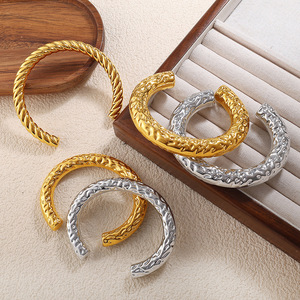 Stainless Steel Open <b>Bangle</b> 18K Gold Plated Wave Pattern Braided Cuff Jewelry Unisex Fashion <b>Bracelet</b> - Product Image 1