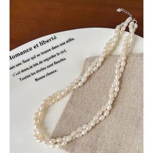 Collier ras du cou rétro français en millet pour femme, double couche, torsades de pâte frite, avec perles d'eau douce naturelles - Product Image 1