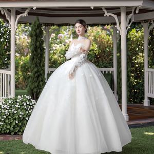 New Elegant Heavenly Luxury Bridal <strong>Dress</strong> Sweet <strong>Wedding</strong> <strong>Dress</strong> Floor-Length A-Line Floral Print Lace Up Back Off-Shoulder Sleeves - Product Image 1