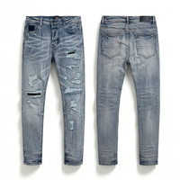Jean en denim pour homme coupe slim, style Hip Hop Y2K vintage, délavé, avec patchwork et appliques, artisanat intensif