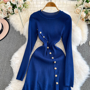 Abito da Donna <span class=keywords><strong>con</strong></span> Bottoni Dorati, <span class=keywords><strong>Spacco</strong></span> Laterale, <span class=keywords><strong>Vestito</strong></span> Aderente in Maglia a Maniche Lunghe, Elegante Abito Midi per Donne - Product Image 4