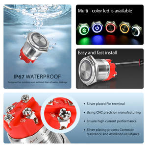 China Momentary Latching Metal <strong>Push</strong> <strong>Button</strong> <strong>Switch</strong> Ring Dot Illuminated 19MM 10A 1NO IP67 IP65 Waterproof Blue LED Lighted - Product Image 3