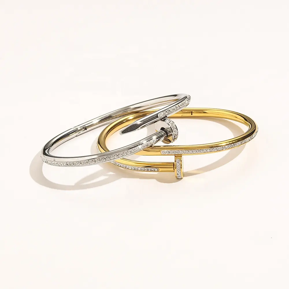 Luxury Famous Inspired Designer Brand Jewelry 18k Gold Plated Full Zircon Diamond Stainless Steel Nail Bangle Bracelet for Women