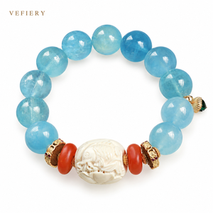 Natural Aquamarine Round <b>Beaded</b> Stretch <b>Bracelet</b> with White Carved Accent for Women Custom Jewelry Wholesale Supplier - Product Image 1