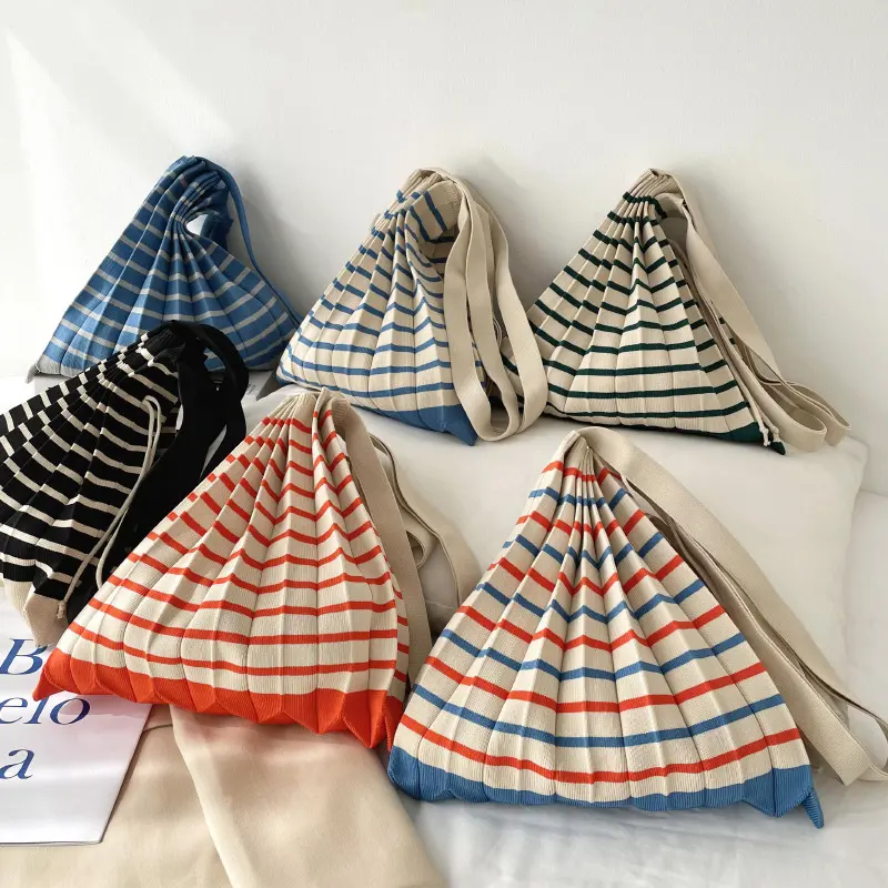 Wholesale Beach Bag Striped Korean Shoulder Handbag Pleated Wind Fold Woolen Knitted Shopping Bag
